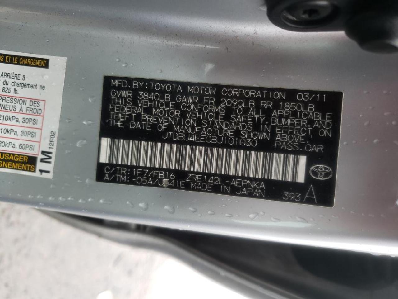 Photo 10 from auction – 2011 TOYOTA COROLLA BA with VIN JTDBU4EE0BJ101030