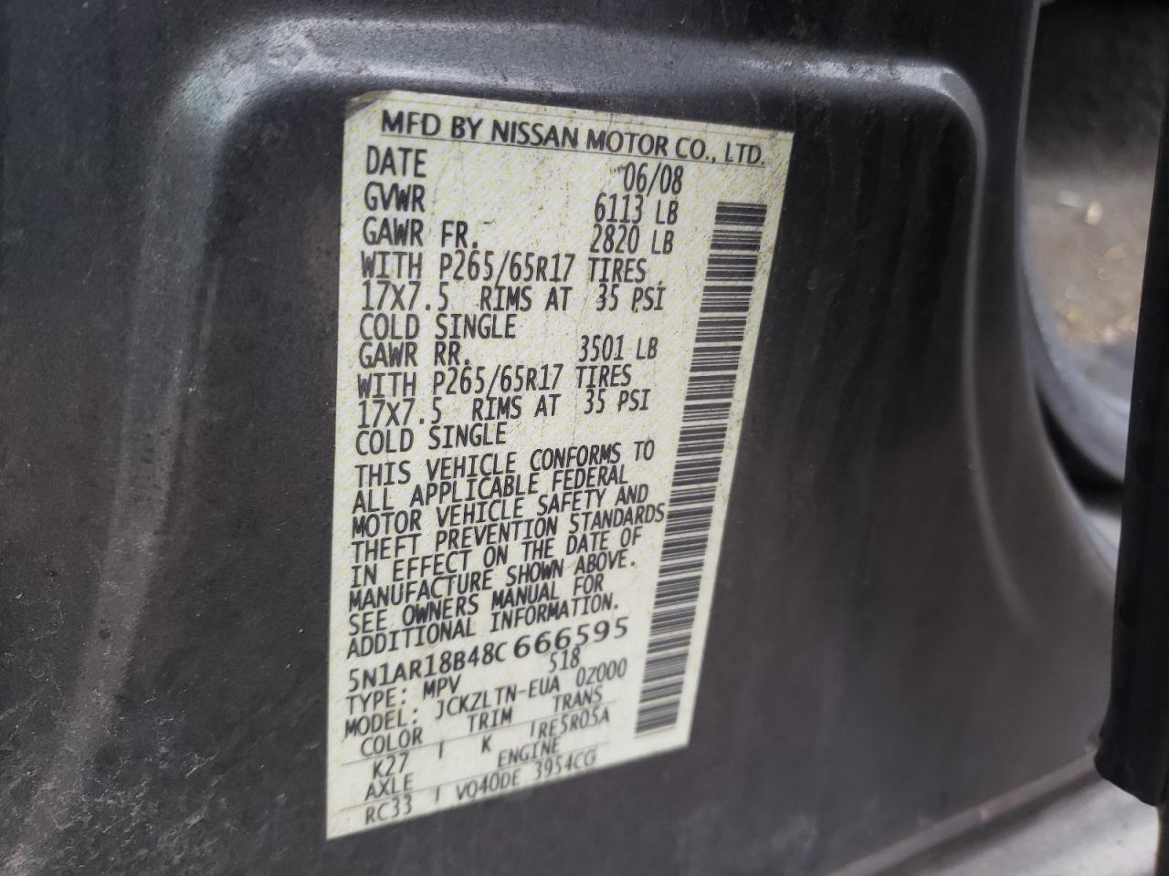 Photo 10 from auction – 2008 NISSAN PATHFINDER with VIN 5N1AR18B48C666595