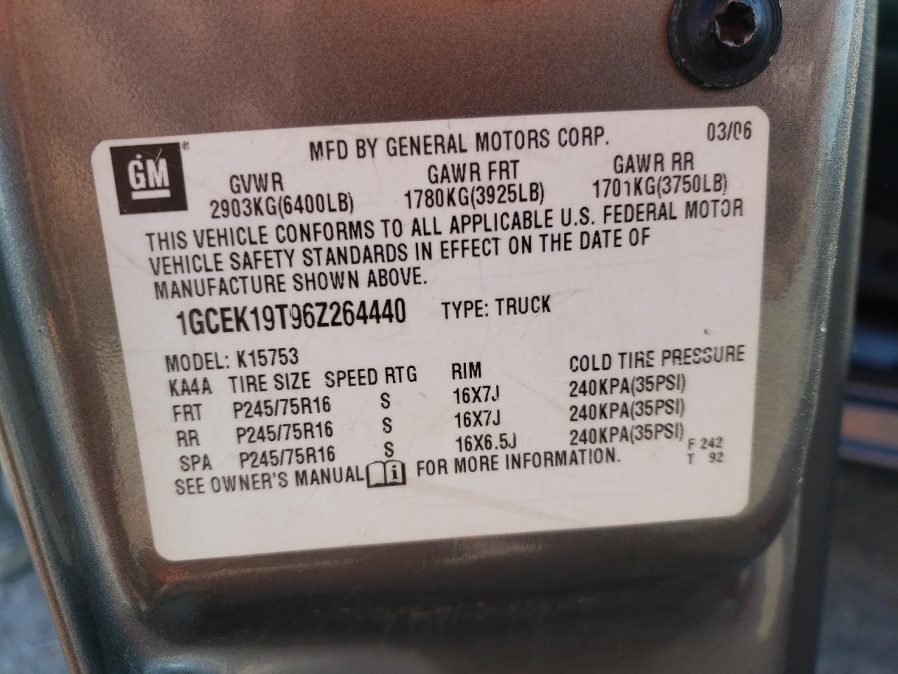 Photo 10 from auction – 2006 CHEVROLET SILVERADO with VIN 1GCEK19T96Z264440