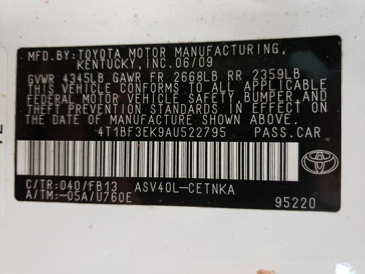 Photo 10 from auction – 2010 TOYOTA CAMRY BASE with VIN 4T1BF3EK9AU522795
