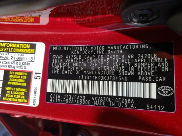 Photo 10 from auction – 2019 TOYOTA CAMRY L with VIN 4T1B11HK3KU784540