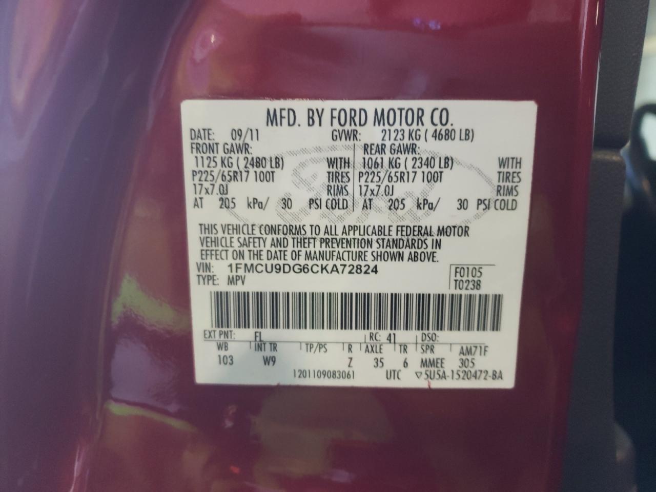 Photo 10 from auction – 2012 FORD ESCAPE with VIN 1FMCU9DG6CKA72824