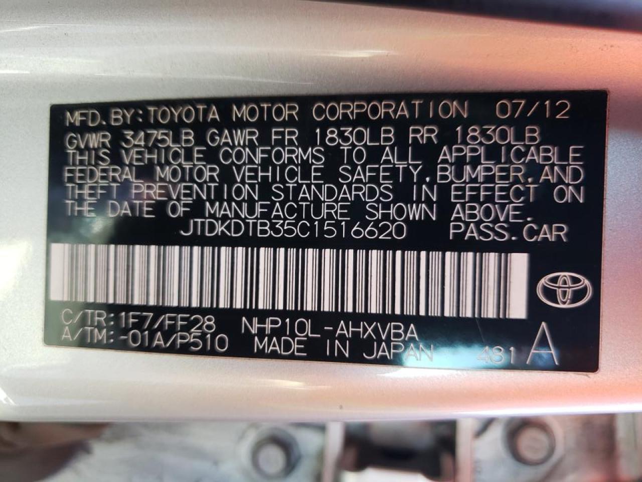 Photo 10 from auction – 2012 TOYOTA PRIUS C with VIN JTDKDTB35C1516620