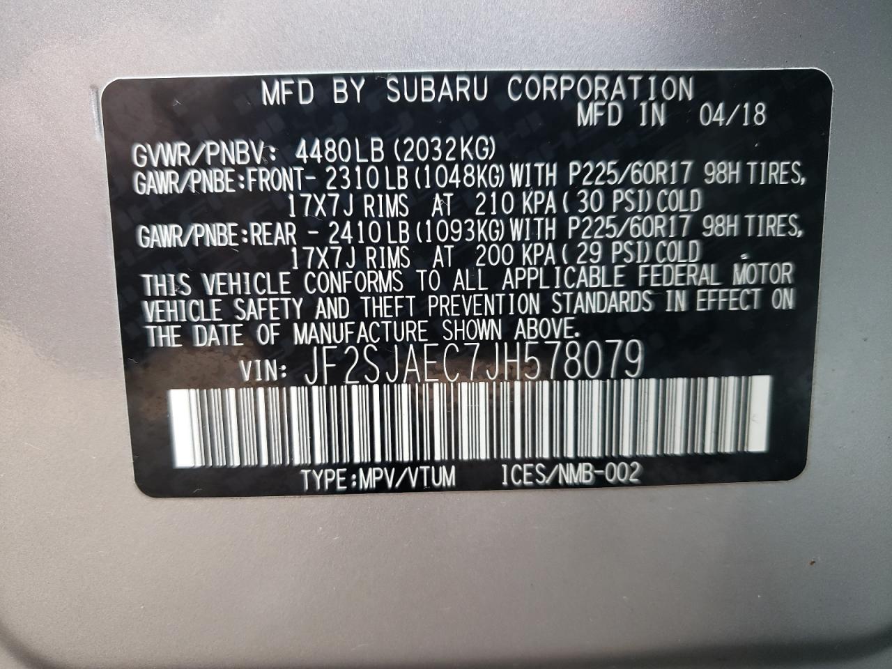 Photo 10 from auction – 2018 SUBARU FORESTER 2 with VIN JF2SJAEC7JH578079