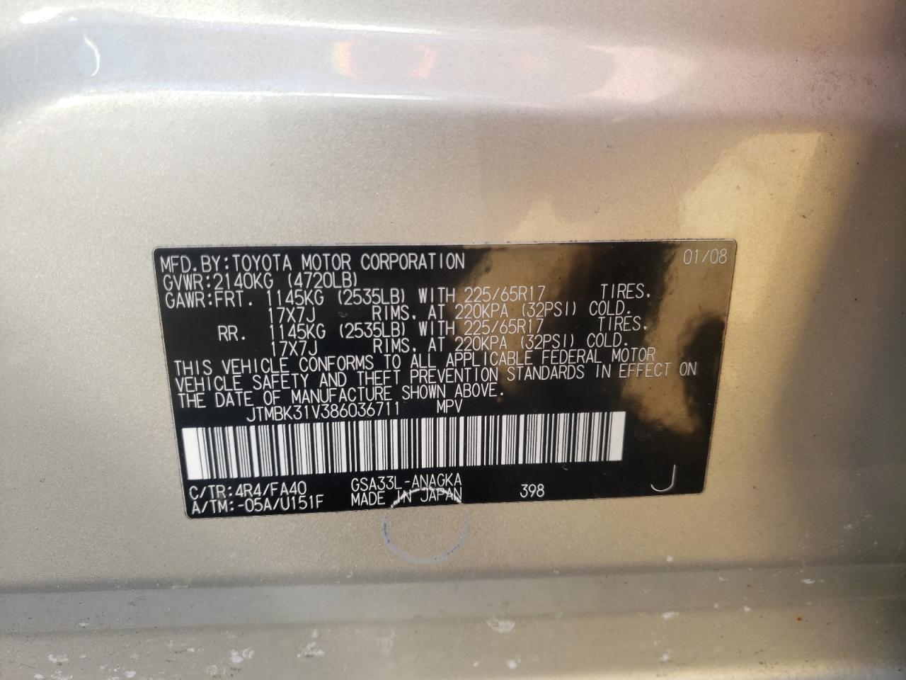 Photo 10 from auction – 2008 TOYOTA RAV4 LIMIT with VIN JTMBK31V386036711
