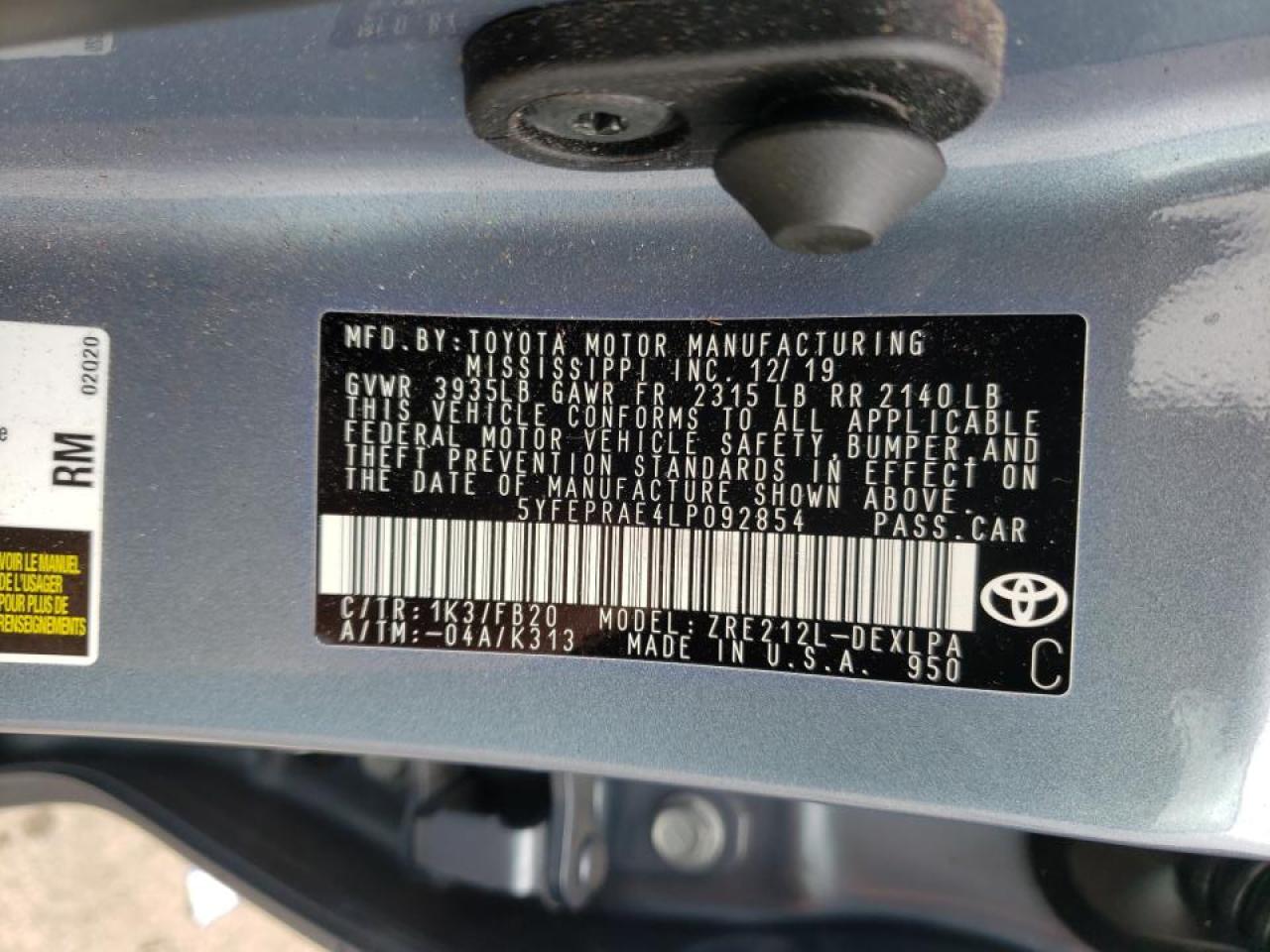 Photo 10 from auction – 2020 TOYOTA COROLLA LE with VIN 5YFEPRAE4LP092854