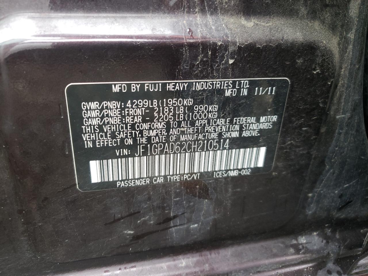 Photo 10 from auction – 2012 SUBARU IMPREZA PR with VIN JF1GPAD62CH210514