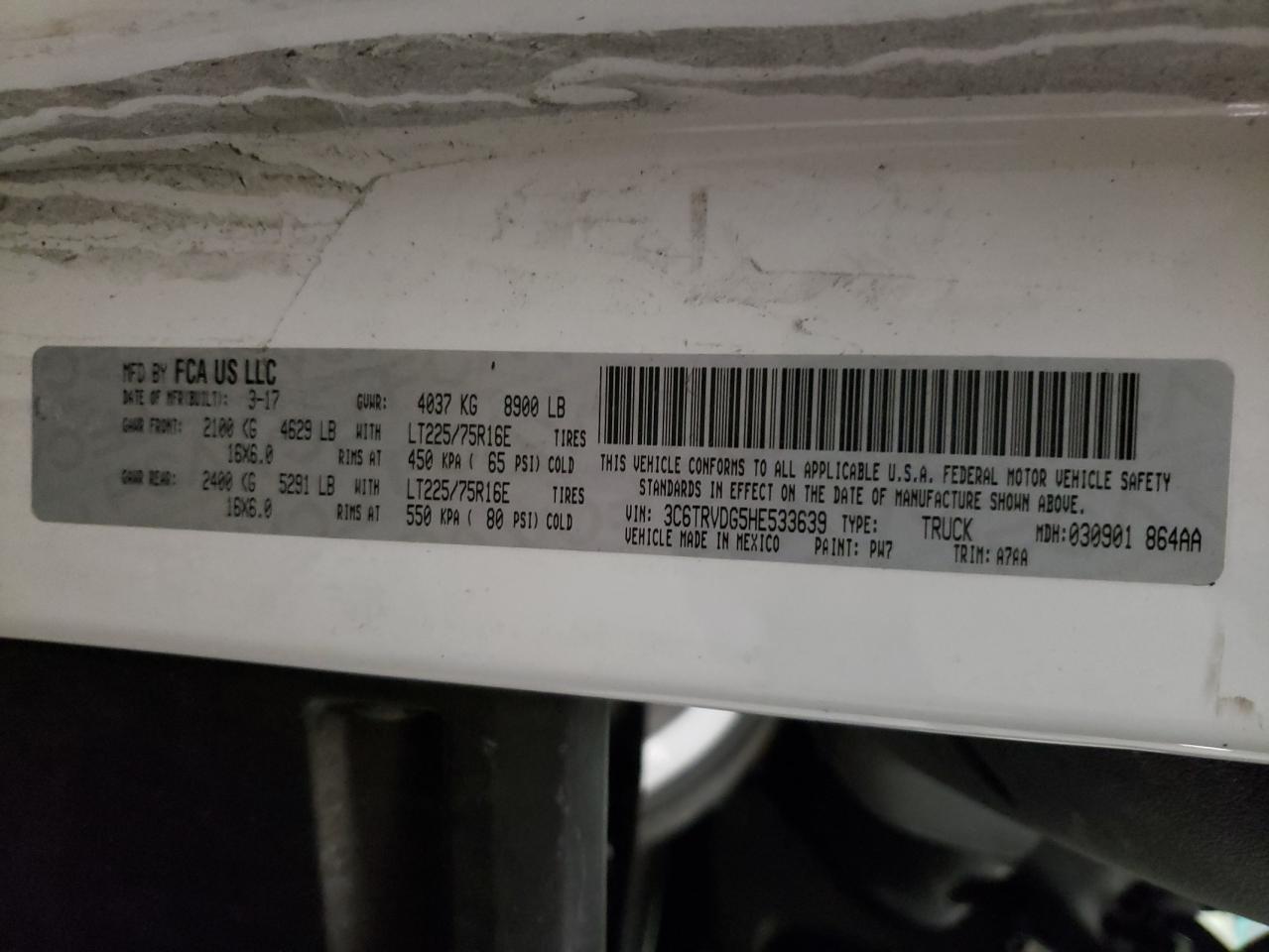 Photo 10 from auction – 2017 RAM PROMASTER with VIN 3C6TRVDG5HE533639