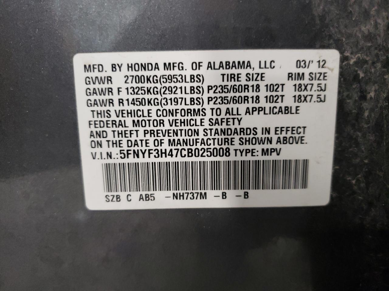 Photo 10 from auction – 2012 HONDA PILOT EX with VIN 5FNYF3H47CB025008