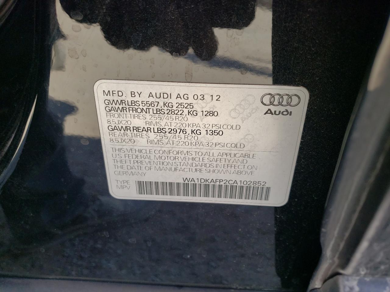 Photo 10 from auction – 2012 AUDI Q5 PREMIUM with VIN WA1DKAFP2CA102852