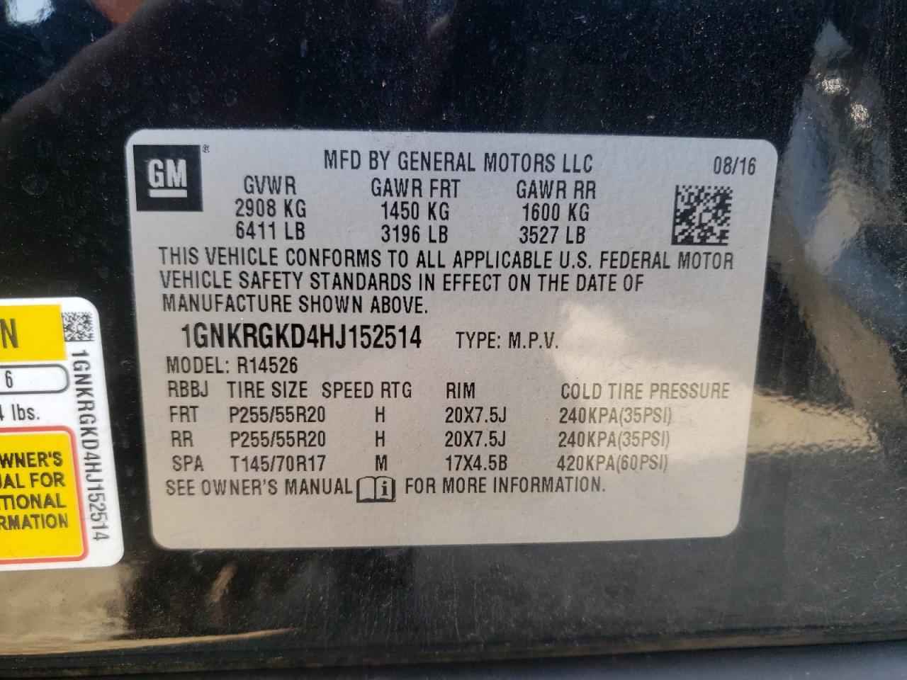Photo 10 from auction – 2017 CHEVROLET TRAVERSE L with VIN 1GNKRGKD4HJ152514