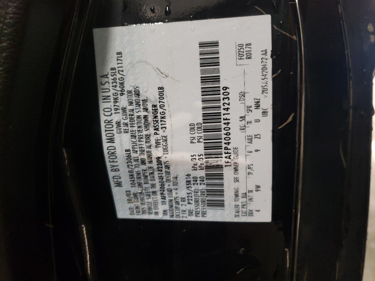 Photo 10 from auction – 2004 FORD MUSTANG with VIN 1FAFP40604F142309