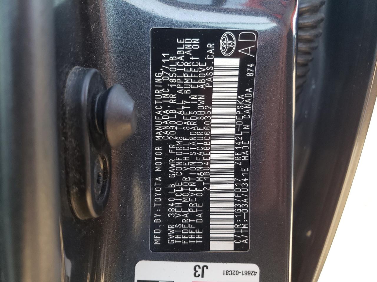 Photo 10 from auction – 2011 TOYOTA COROLLA BA with VIN 2T1BU4EE6BC660352
