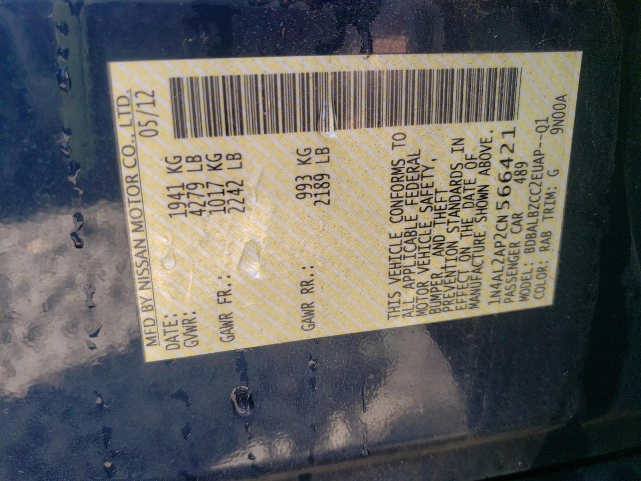 Photo 10 from auction – 2012 NISSAN ALTIMA BAS with VIN 1N4AL2AP2CN566421