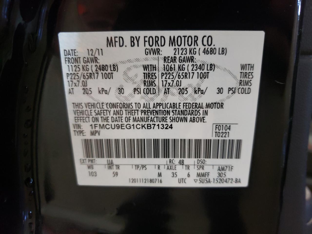 Photo 10 from auction – 2012 FORD ESCAPE LIM with VIN 1FMCU9EG1CKB71324