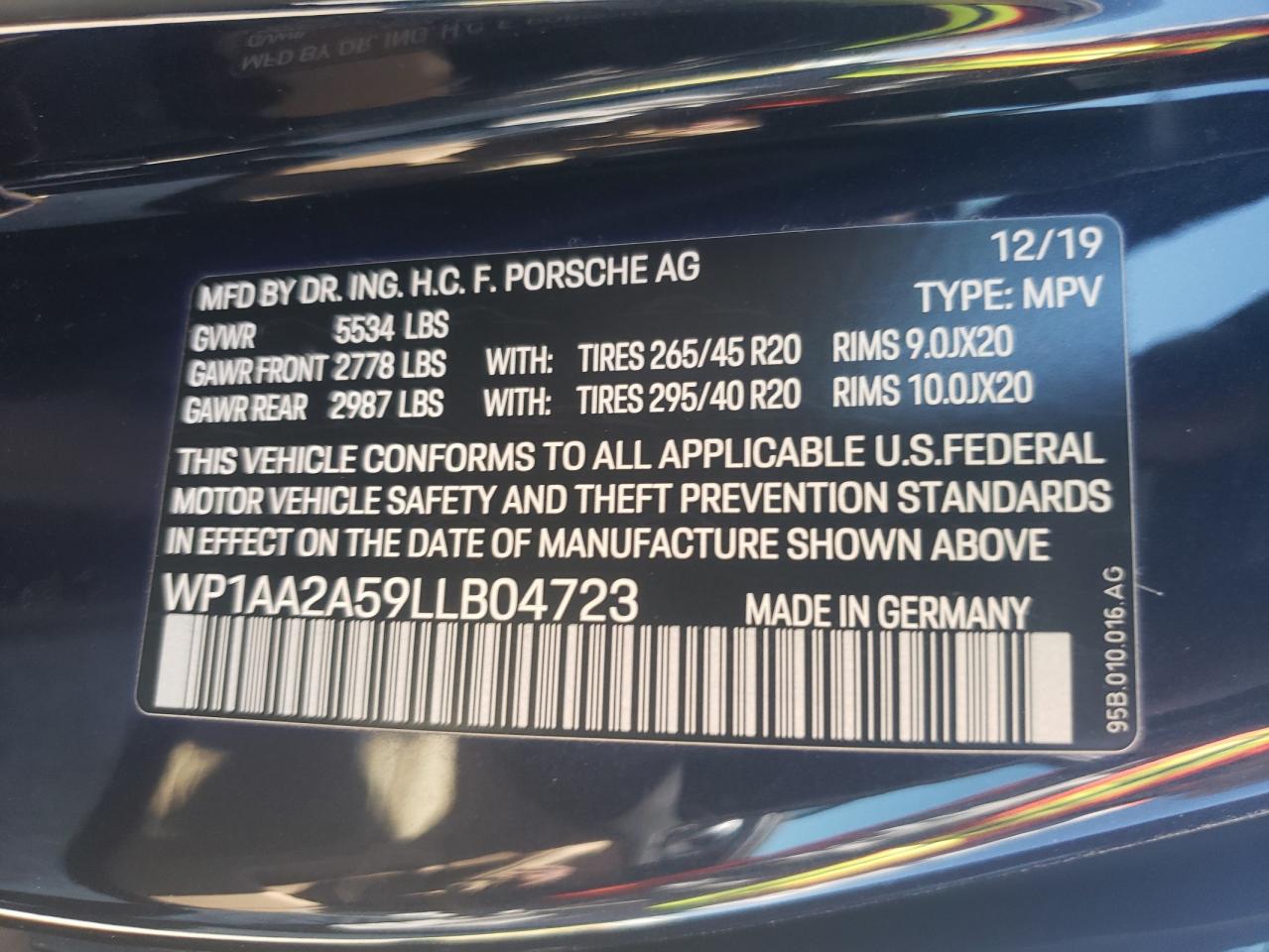 Photo 10 from auction – 2020 PORSCHE MACAN with VIN WP1AA2A59LLB04723