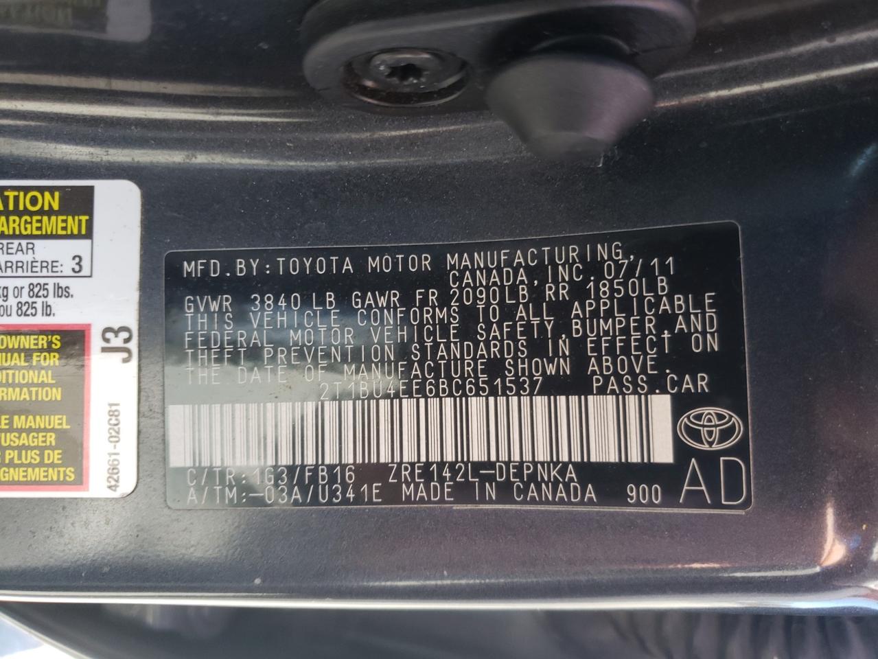 Photo 10 from auction – 2011 TOYOTA COROLLA BA with VIN 2T1BU4EE6BC651537