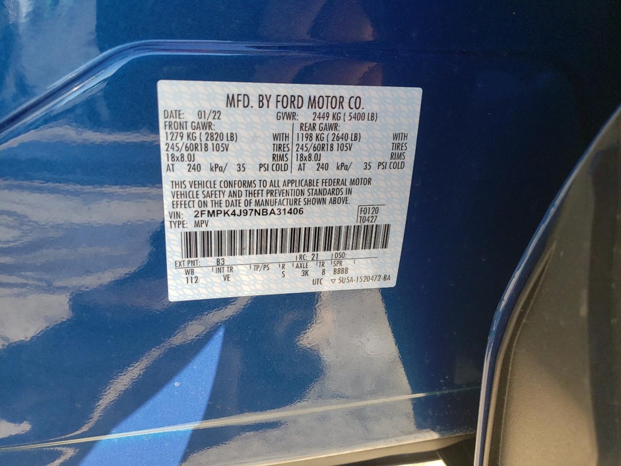 Photo 10 from auction – 2022 FORD EDGE SEL with VIN 2FMPK4J97NBA31406