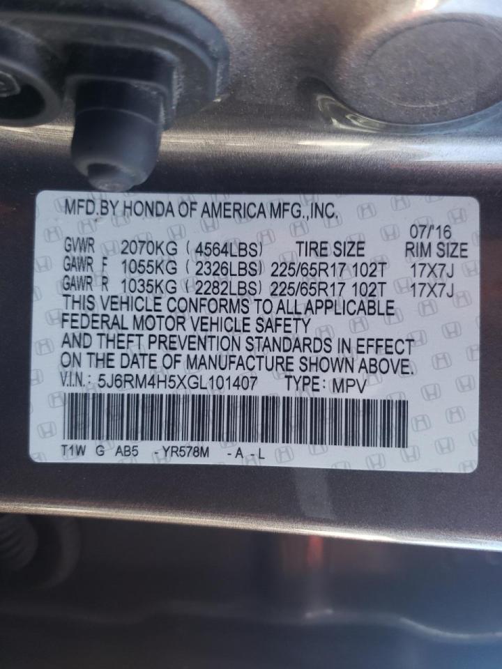 Photo 10 from auction – 2016 HONDA CR-V EX with VIN 5J6RM4H5XGL101407