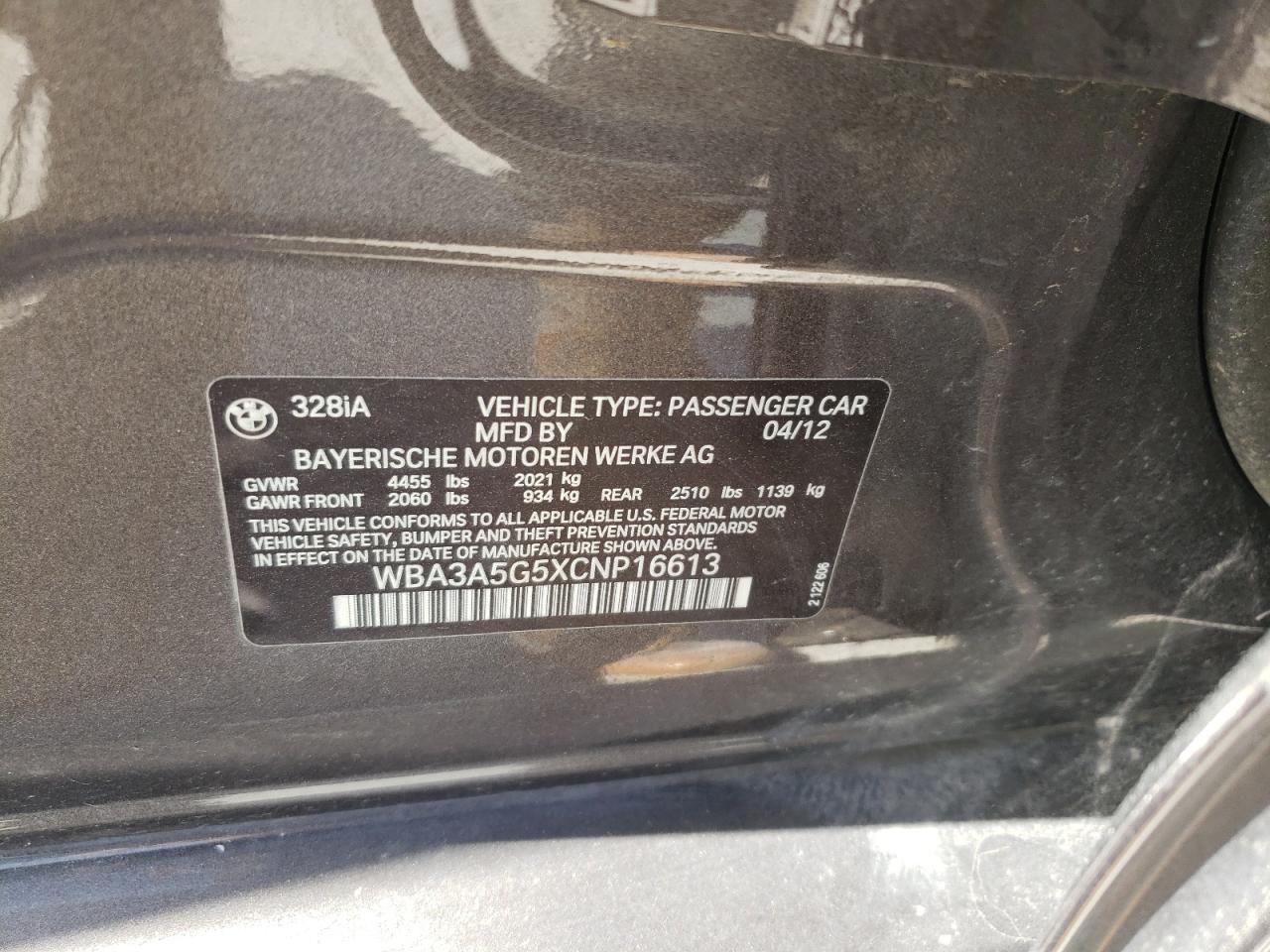 Photo 10 from auction – 2012 BMW 328 I with VIN WBA3A5G5XCNP16613