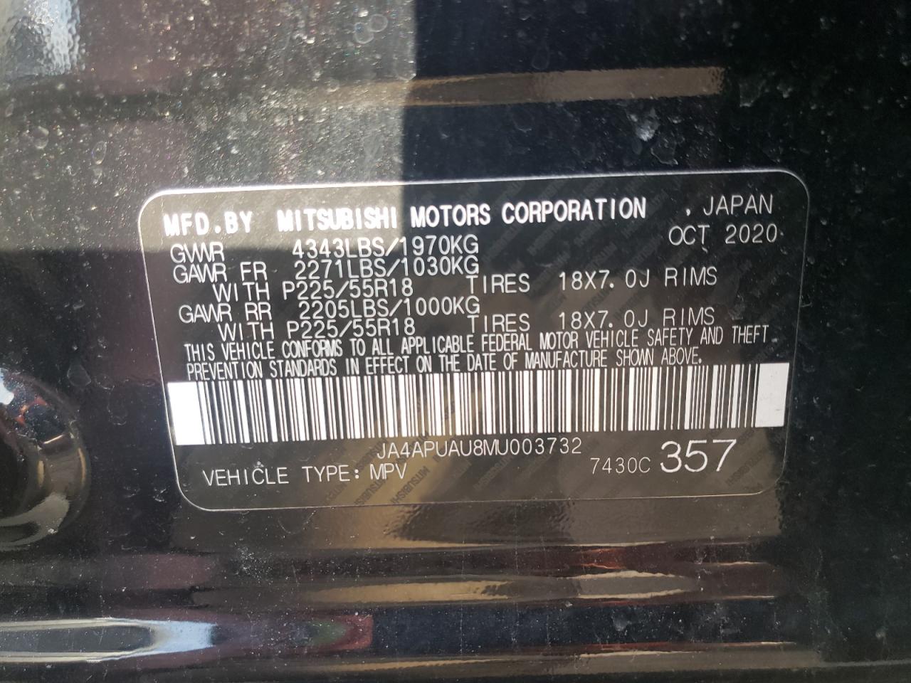 Photo 10 from auction – 2021 MITSUBISHI OUTLANDER with VIN JA4APUAU8MU003732