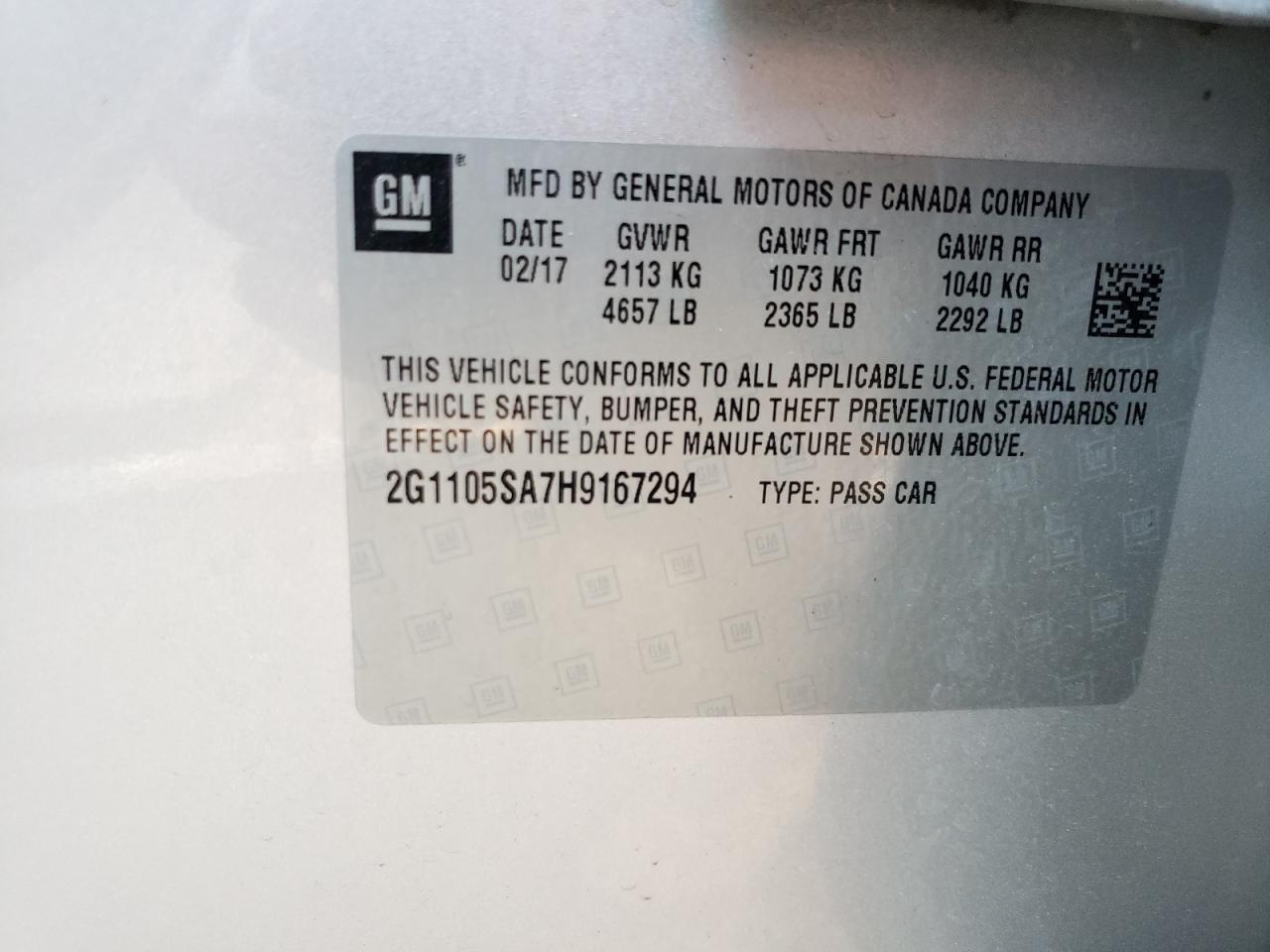 Photo 10 from auction – 2017 CHEVROLET IMPALA LT with VIN 2G1105SA7H9167294