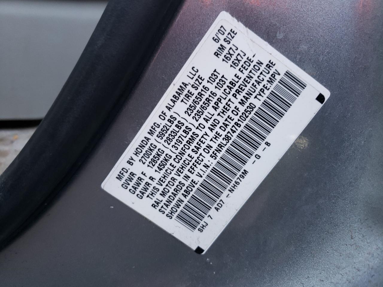 Photo 10 from auction – 2007 HONDA ODYSSEY EX with VIN 5FNRL38747B102530