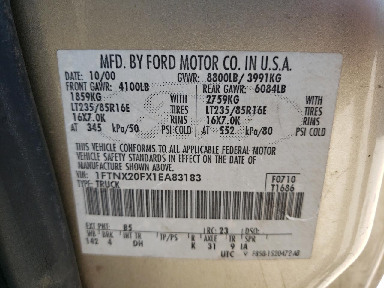 Photo 10 from auction – 2001 FORD F250 SUPER with VIN 1FTNX20FX1EA83183