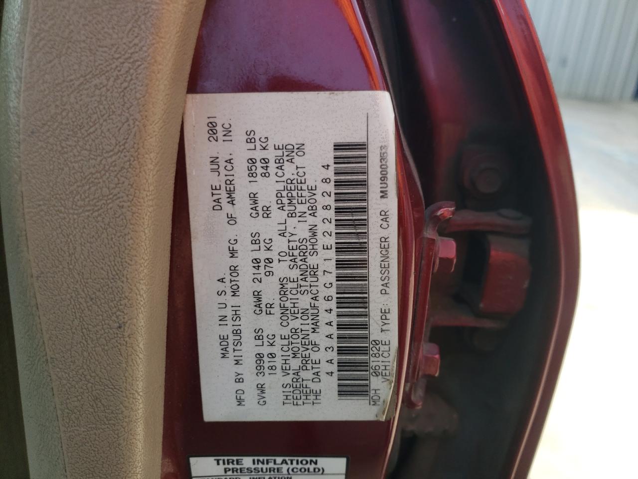 Photo 10 from auction – 2001 MITSUBISHI GALANT ES with VIN 4A3AA46G71E228284