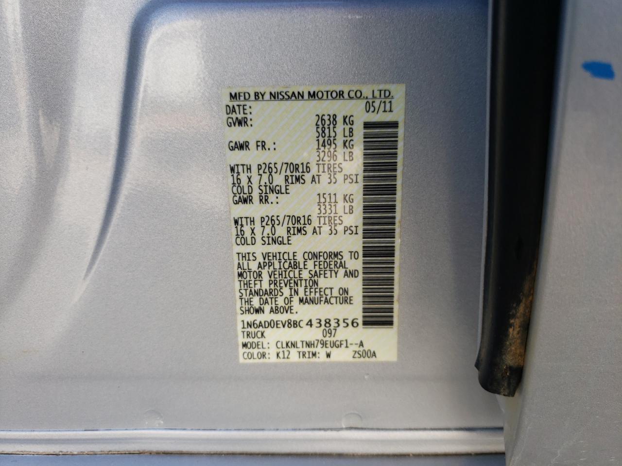 Photo 10 from auction – 2011 NISSAN FRONTIER S with VIN 1N6AD0EV8BC438356