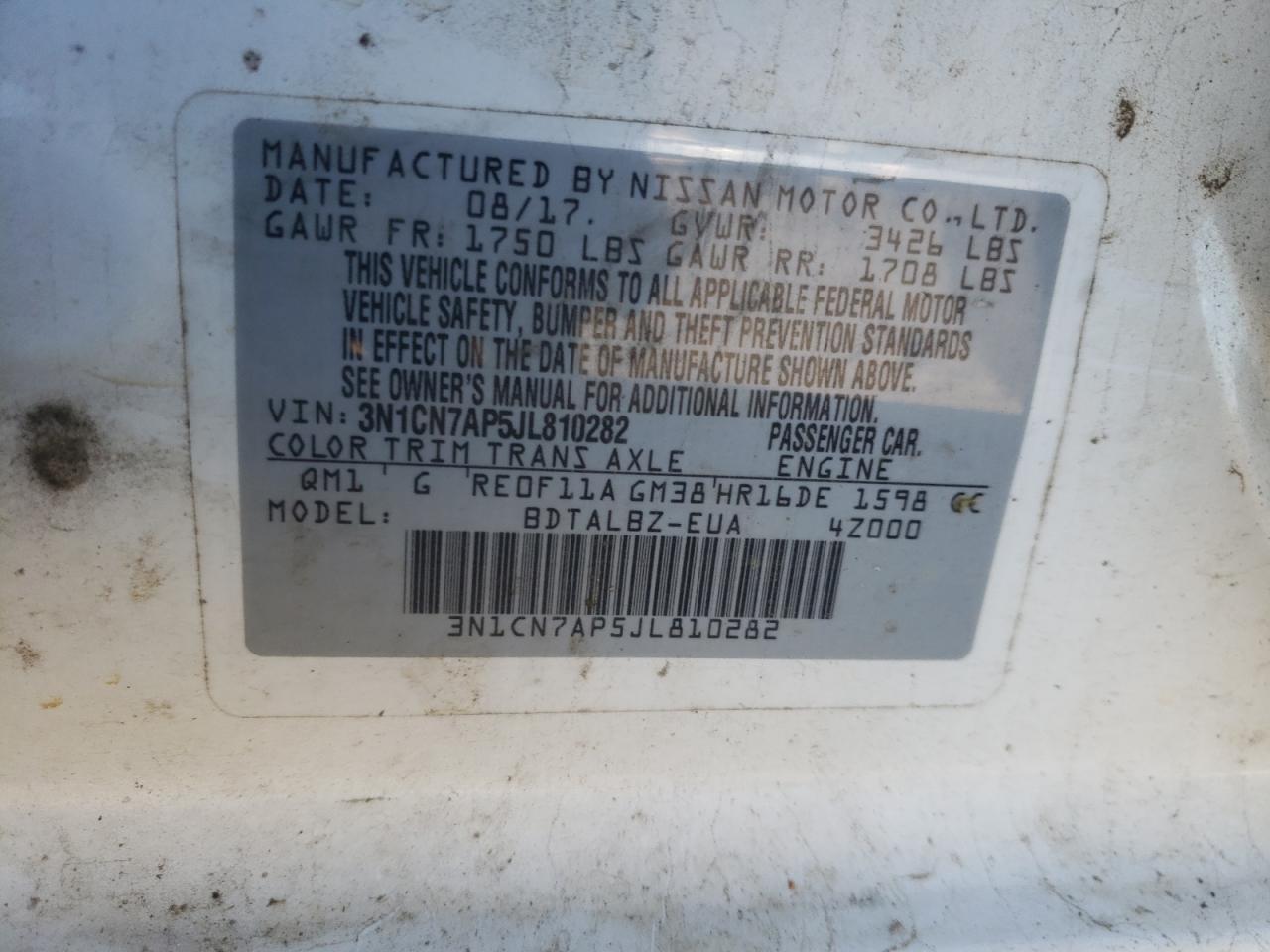 Photo 10 from auction – 2018 NISSAN VERSA with VIN 3N1CN7AP5JL810282