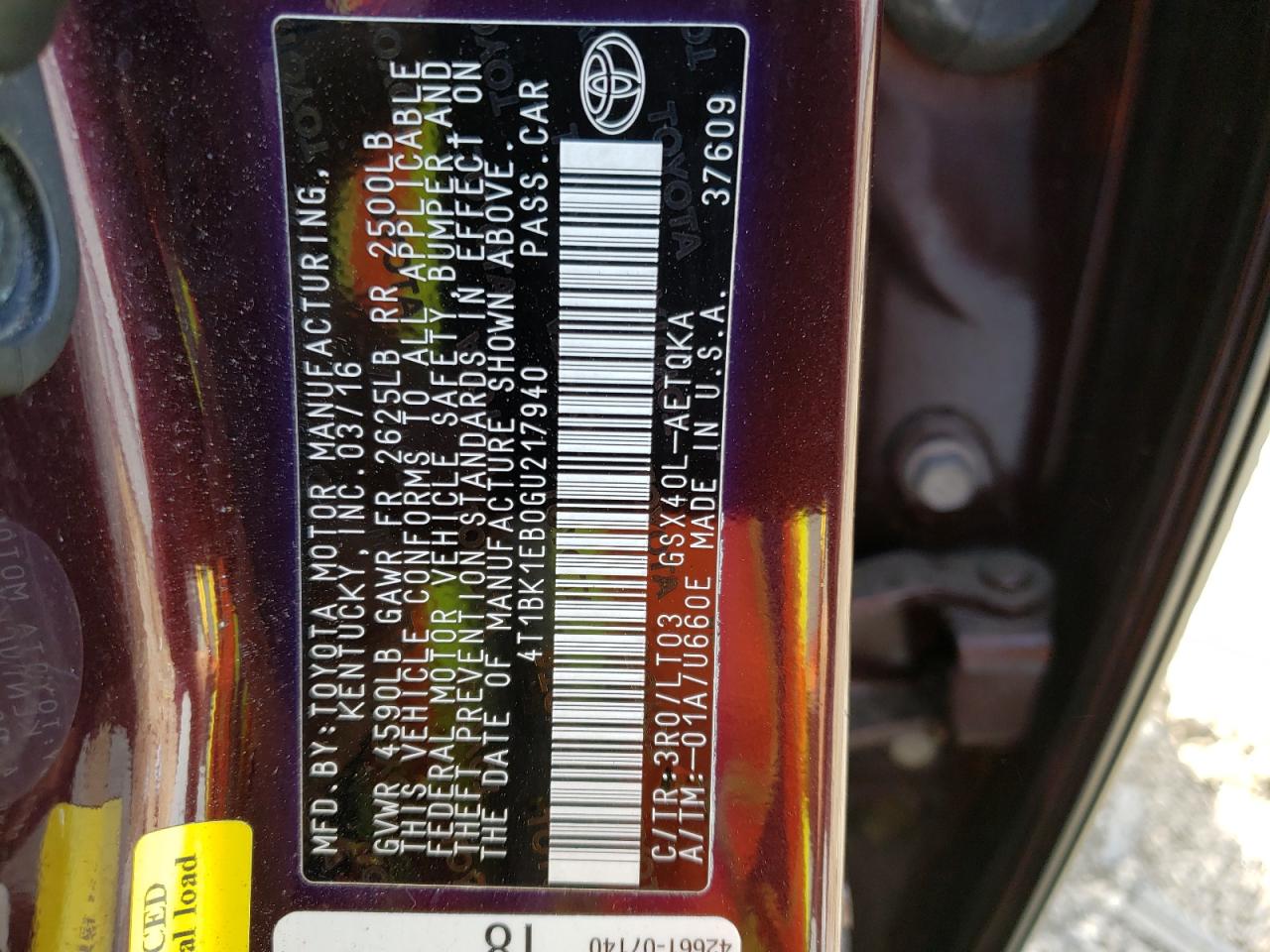 Photo 10 from auction – 2016 TOYOTA AVALON XLE with VIN 4T1BK1EB0GU217940