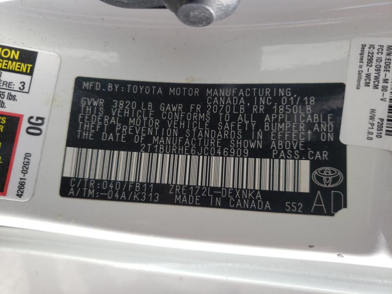 Photo 10 from auction – 2018 TOYOTA COROLLA L with VIN 2T1BURHE6JC046909