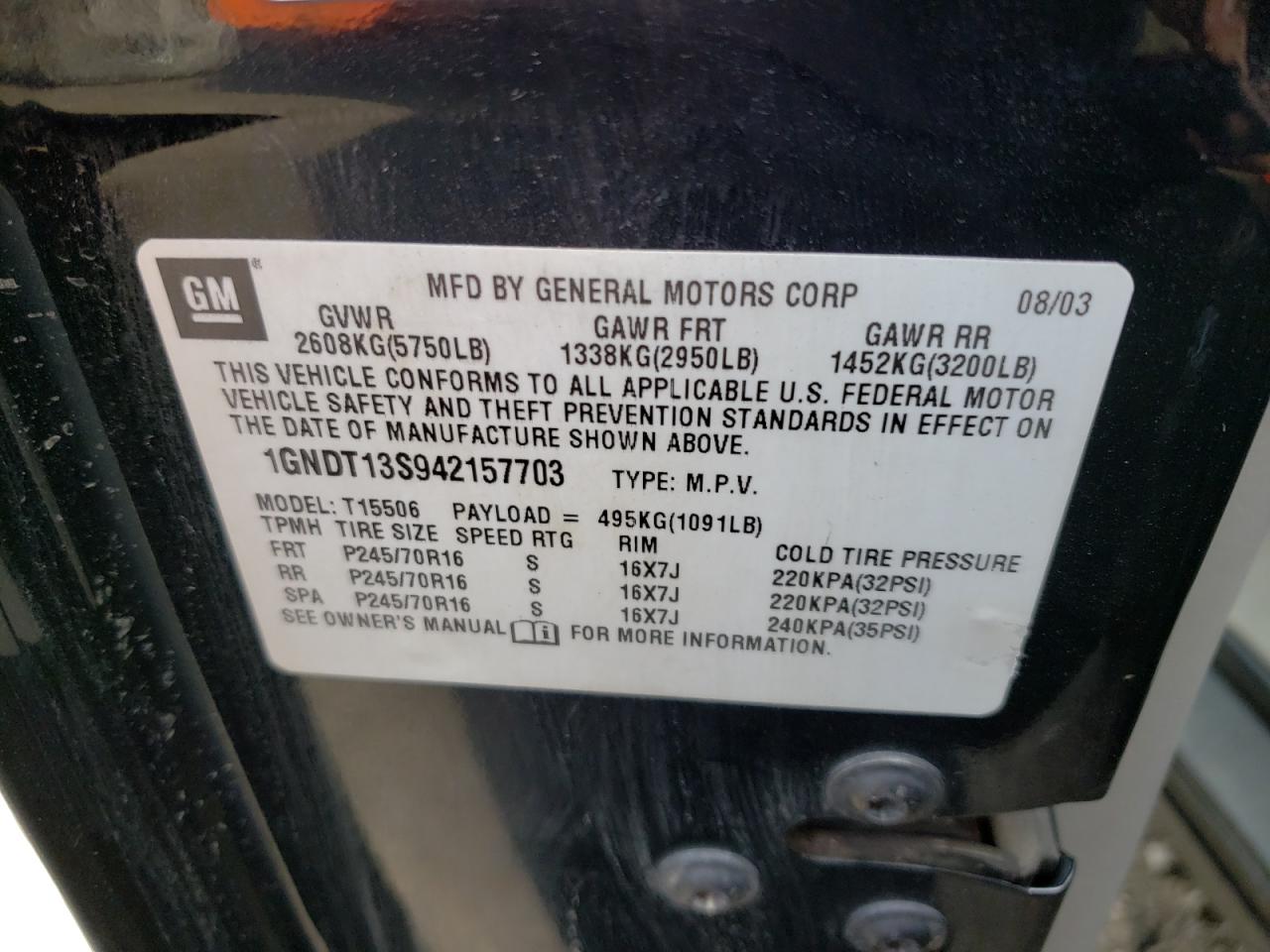 Photo 10 from auction – 2004 CHEVROLET TRAILBLAZE with VIN 1GNDT13S942157703