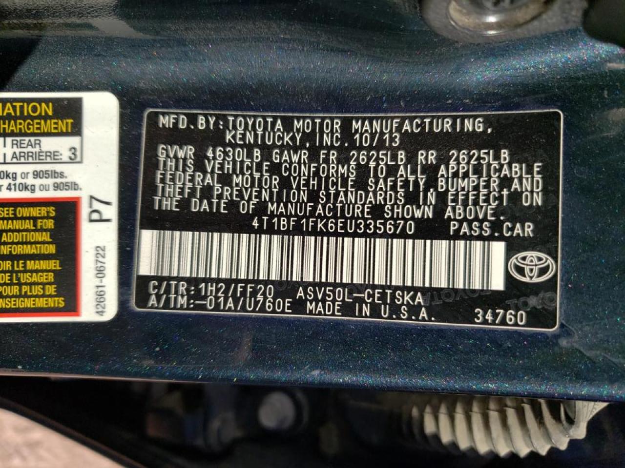 Photo 10 from auction – 2014 TOYOTA CAMRY L with VIN 4T1BF1FK6EU335670