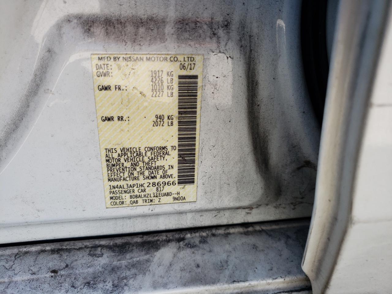 Photo 10 from auction – 2017 NISSAN ALTIMA 2.5 with VIN 1N4AL3AP1HC286966
