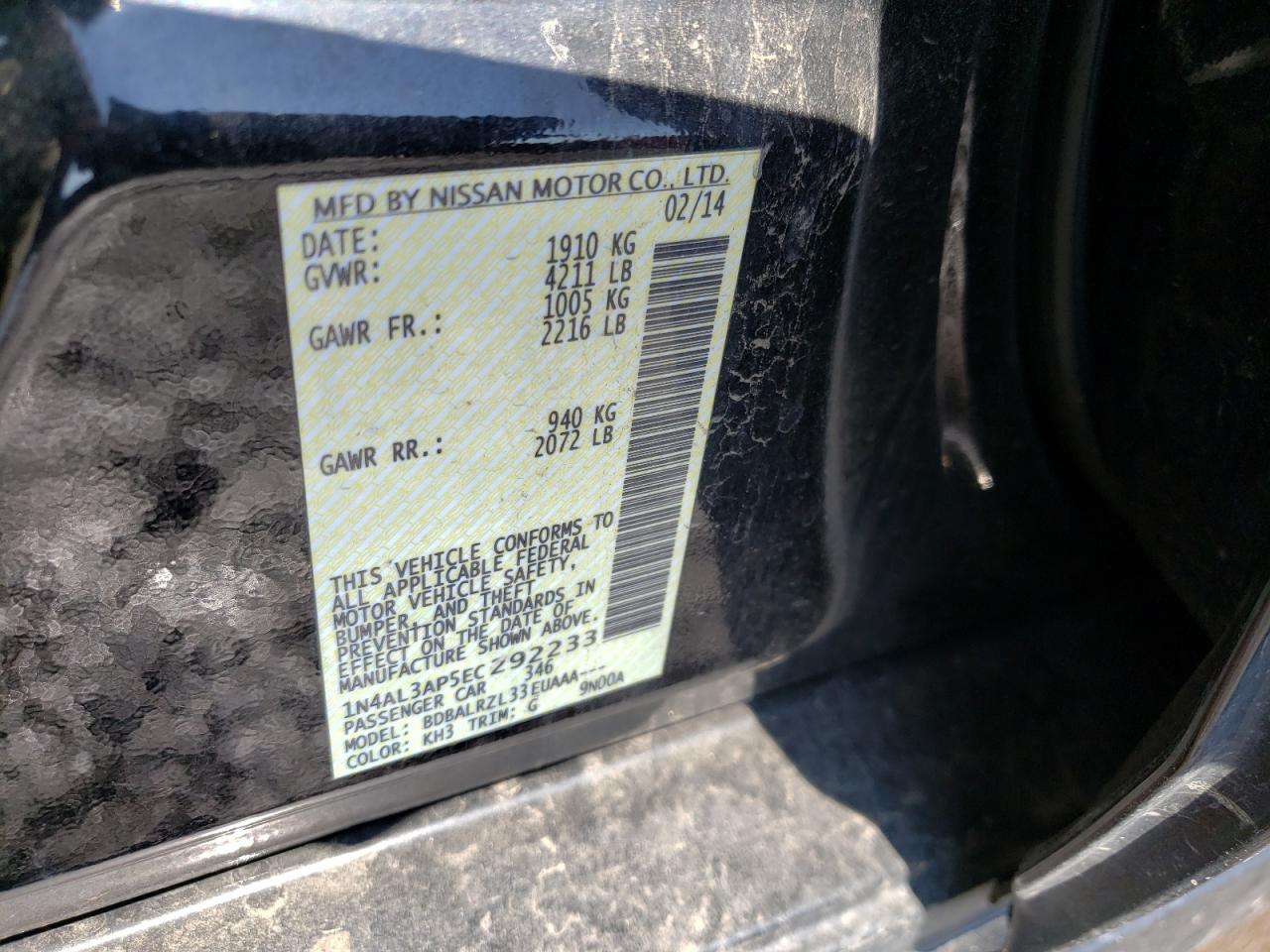Photo 10 from auction – 2014 NISSAN ALTIMA 2.5 with VIN 1N4AL3AP5EC292233