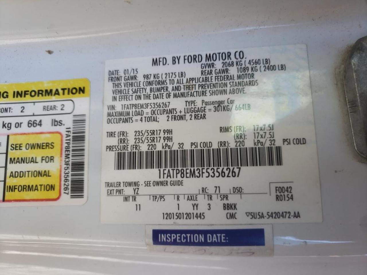Photo 10 from auction – 2015 FORD MUSTANG with VIN 1FATP8EM3F5356267