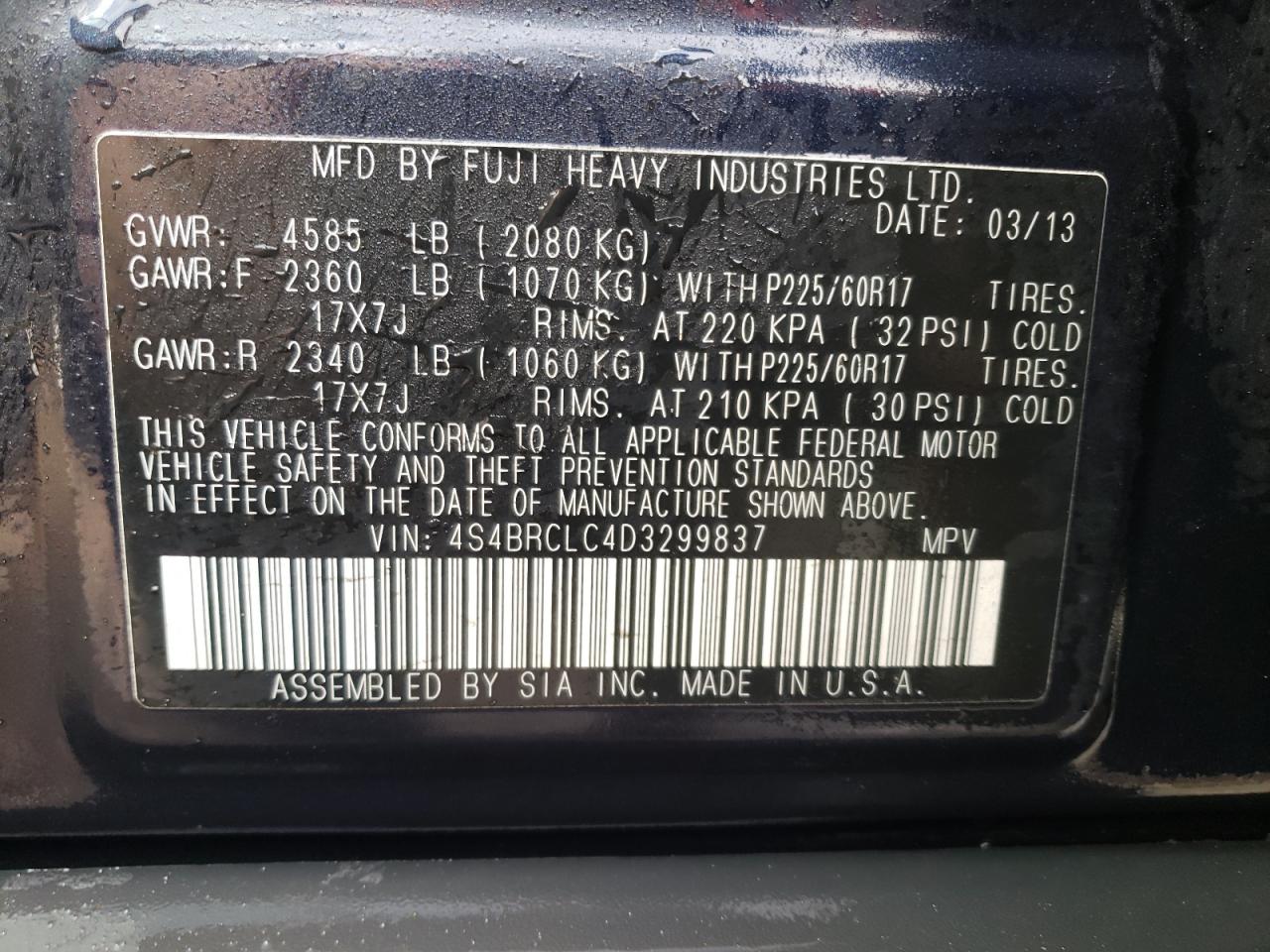 Photo 10 from auction – 2013 SUBARU OUTBACK 2. with VIN 4S4BRCLC4D3299837