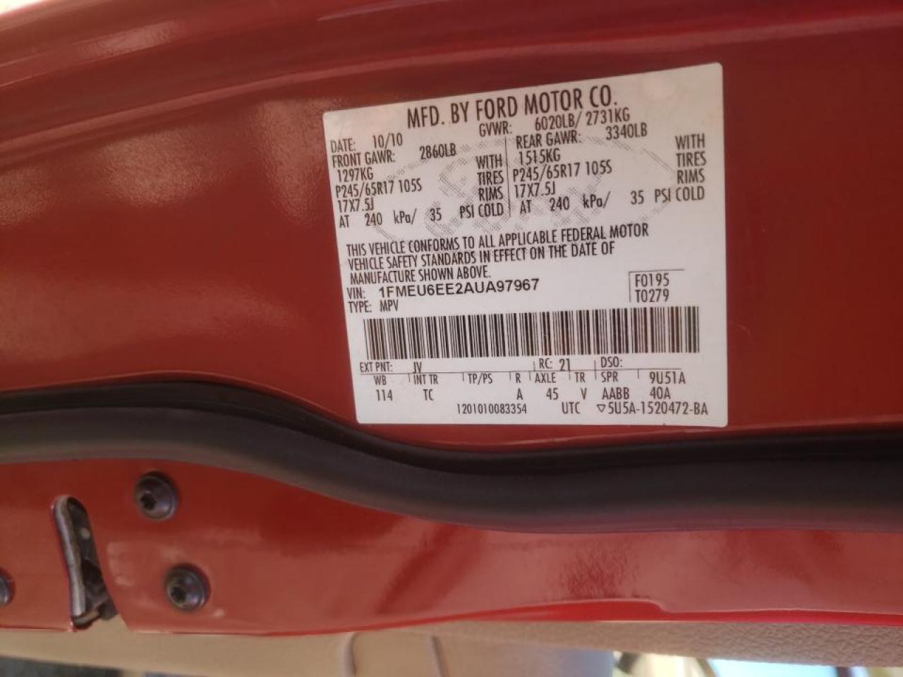 Photo 10 from auction – 2010 FORD EXPLORER with VIN 1FMEU6EE2AUA97967
