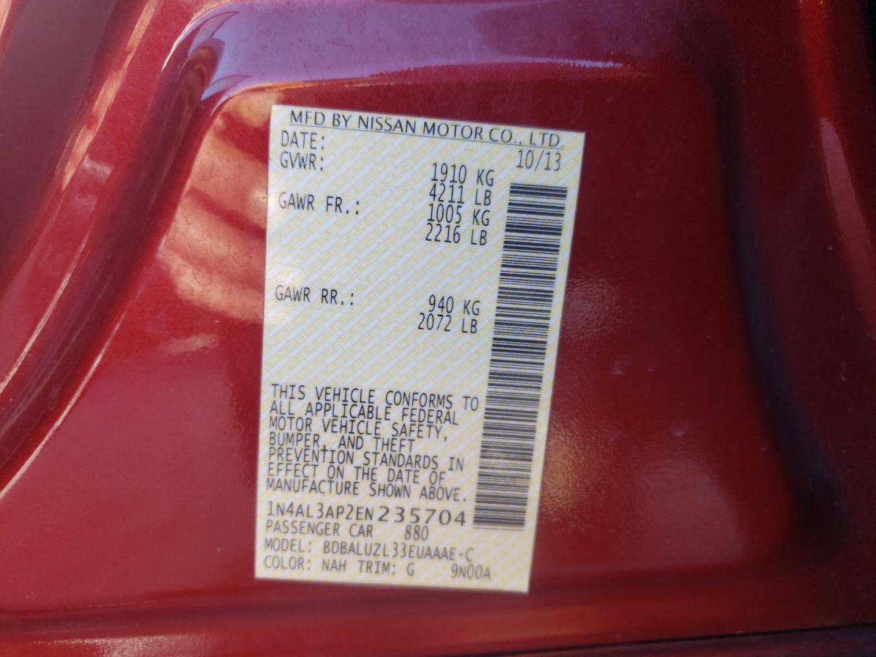 Photo 10 from auction – 2014 NISSAN ALTIMA 2.5 with VIN 1N4AL3AP2EN235704