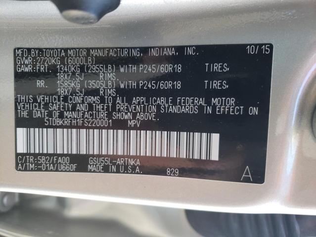 Photo 10 from auction – 2015 TOYOTA HIGHLANDER with VIN 5TDBKRFH1FS220001
