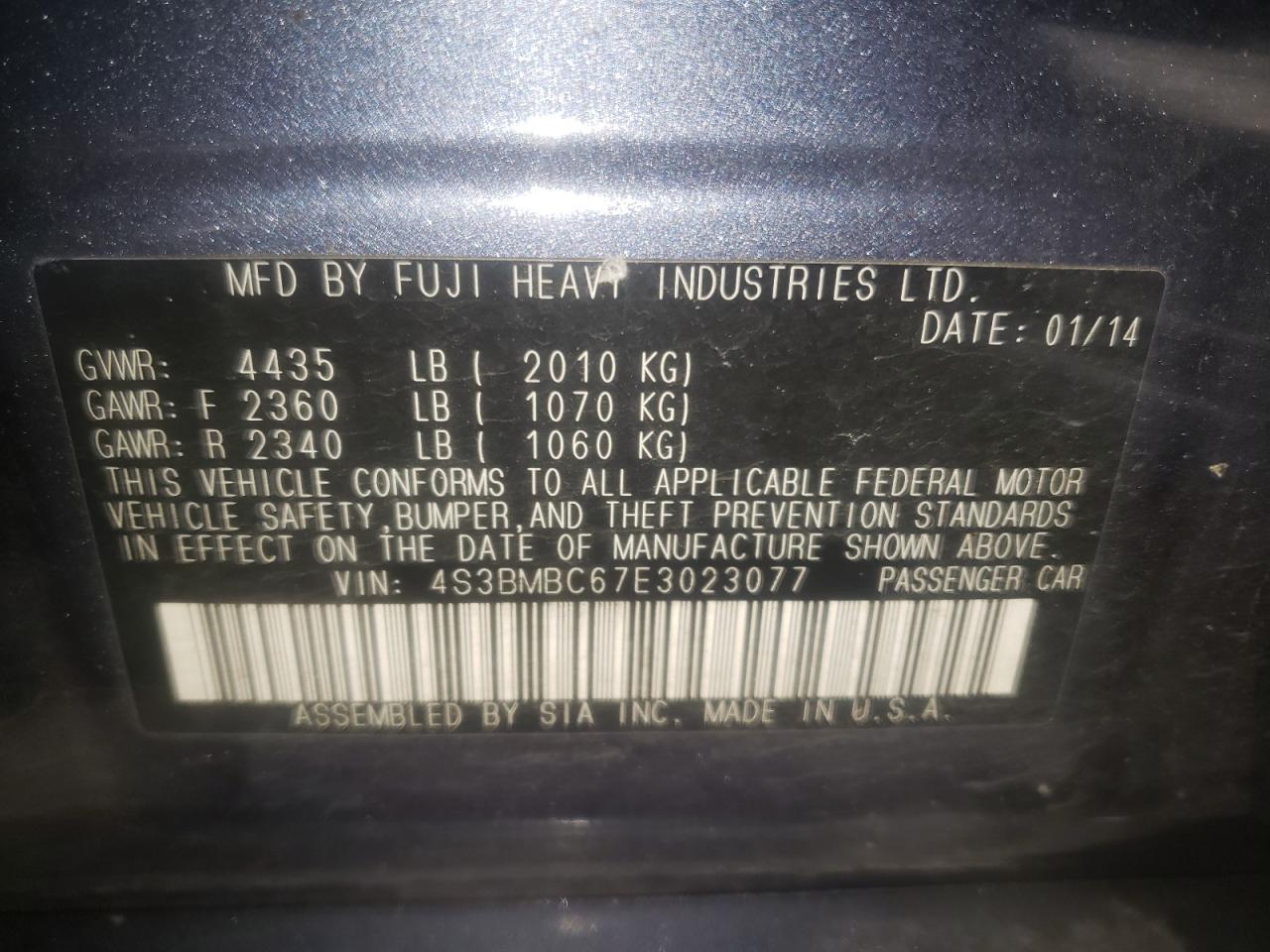 Photo 10 from auction – 2014 SUBARU LEGACY 2.5 with VIN 4S3BMBC67E3023077