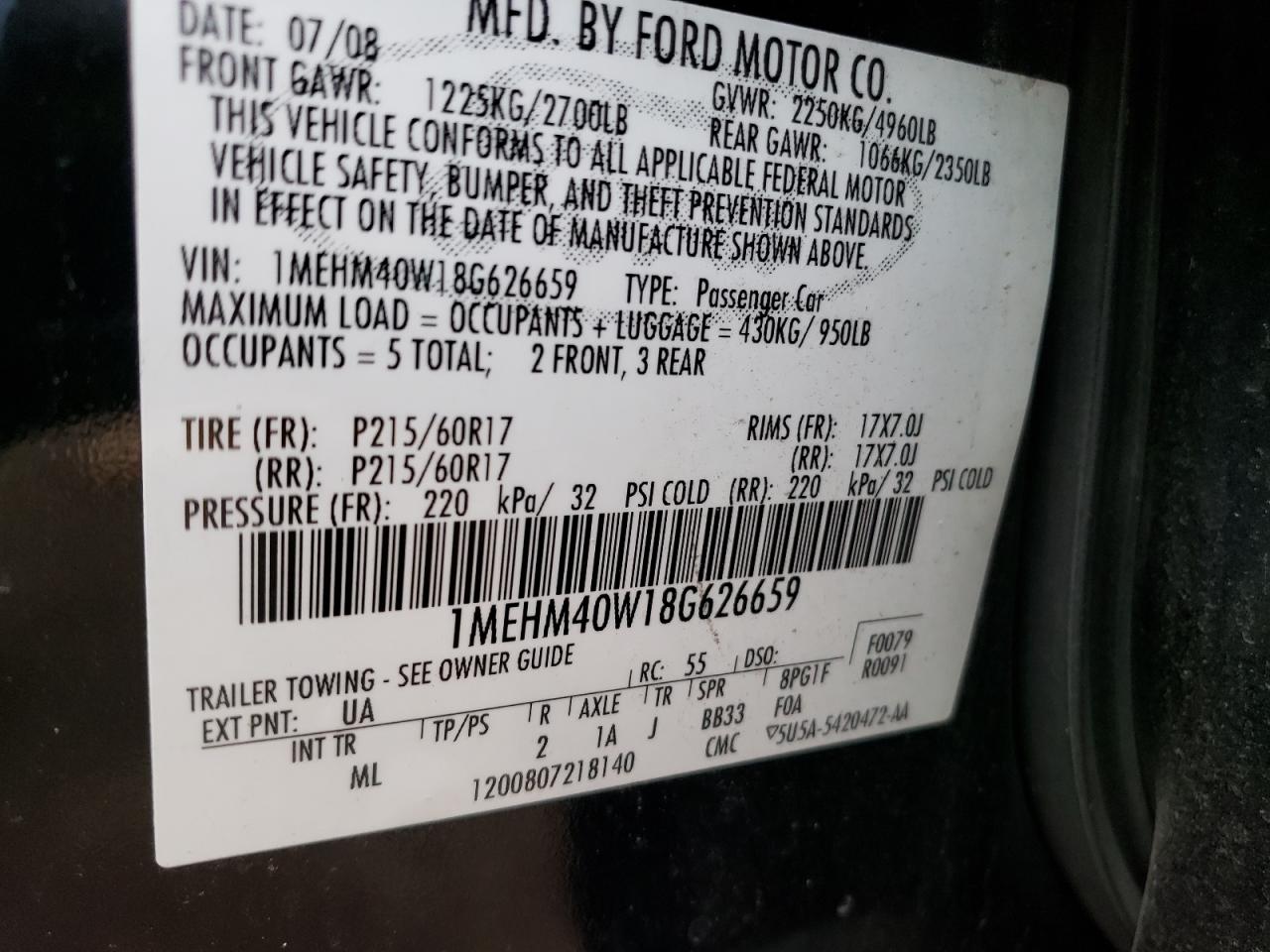 Photo 10 from auction – 2008 MERCURY SABLE LUXU with VIN 1MEHM40W18G626659