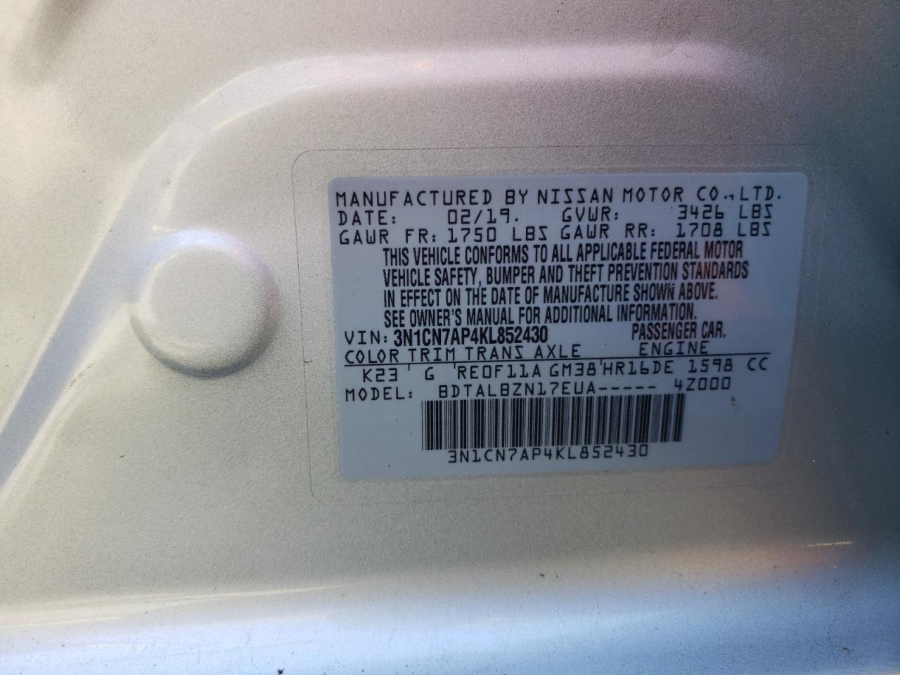 Photo 10 from auction – 2019 NISSAN VERSA S with VIN 3N1CN7AP4KL852430