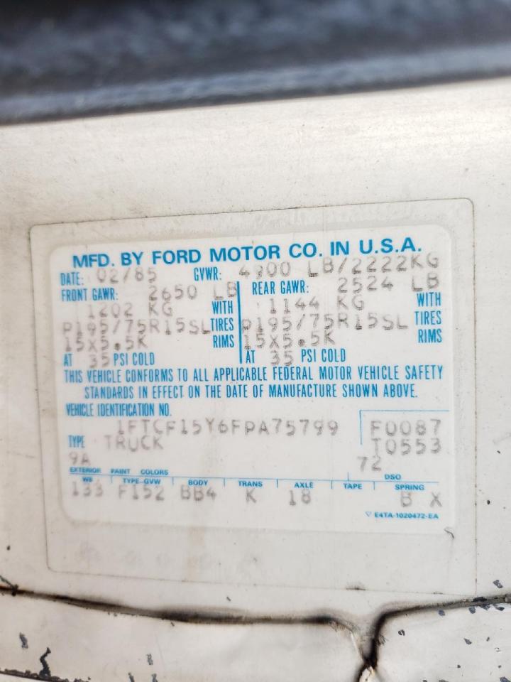 Photo 10 from auction – 1985 FORD F150 with VIN 1FTCF15Y6FPA75799