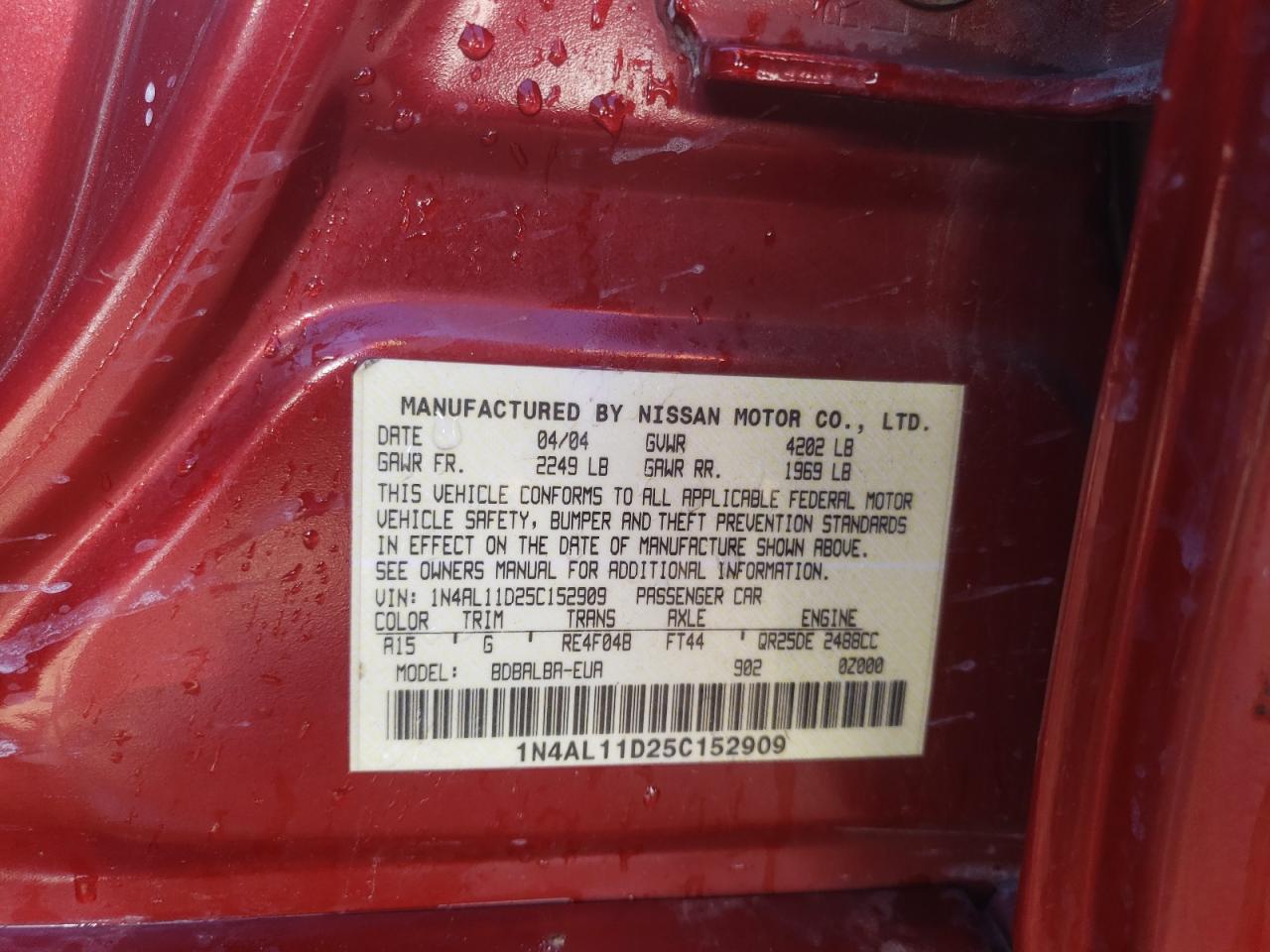 Photo 10 from auction – 2005 NISSAN ALTIMA S with VIN 1N4AL11D25C152909