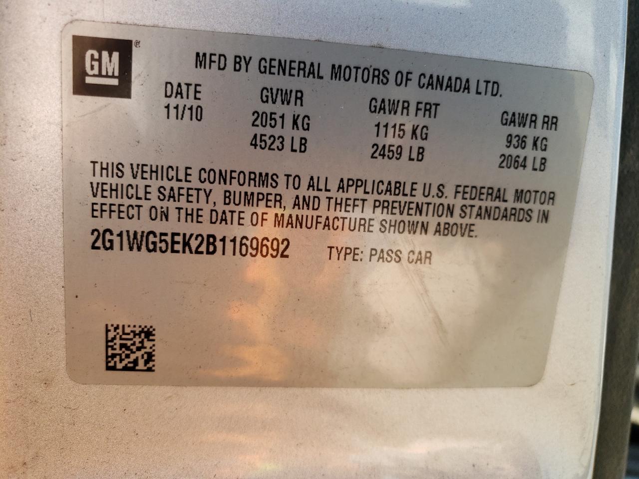 Photo 10 from auction – 2011 CHEVROLET IMPALA LT with VIN 2G1WG5EK2B1169692