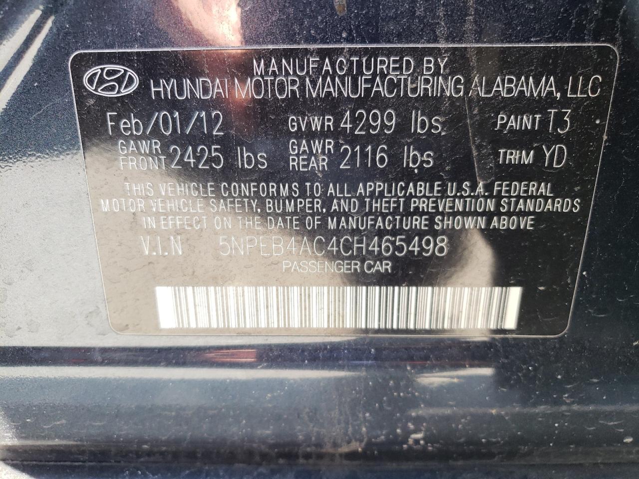 Photo 10 from auction – 2012 HYUNDAI SONATA GLS with VIN 5NPEB4AC4CH465498