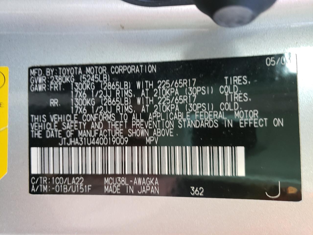 Photo 10 from auction – 2004 LEXUS RX 330 with VIN JTJHA31U440019009